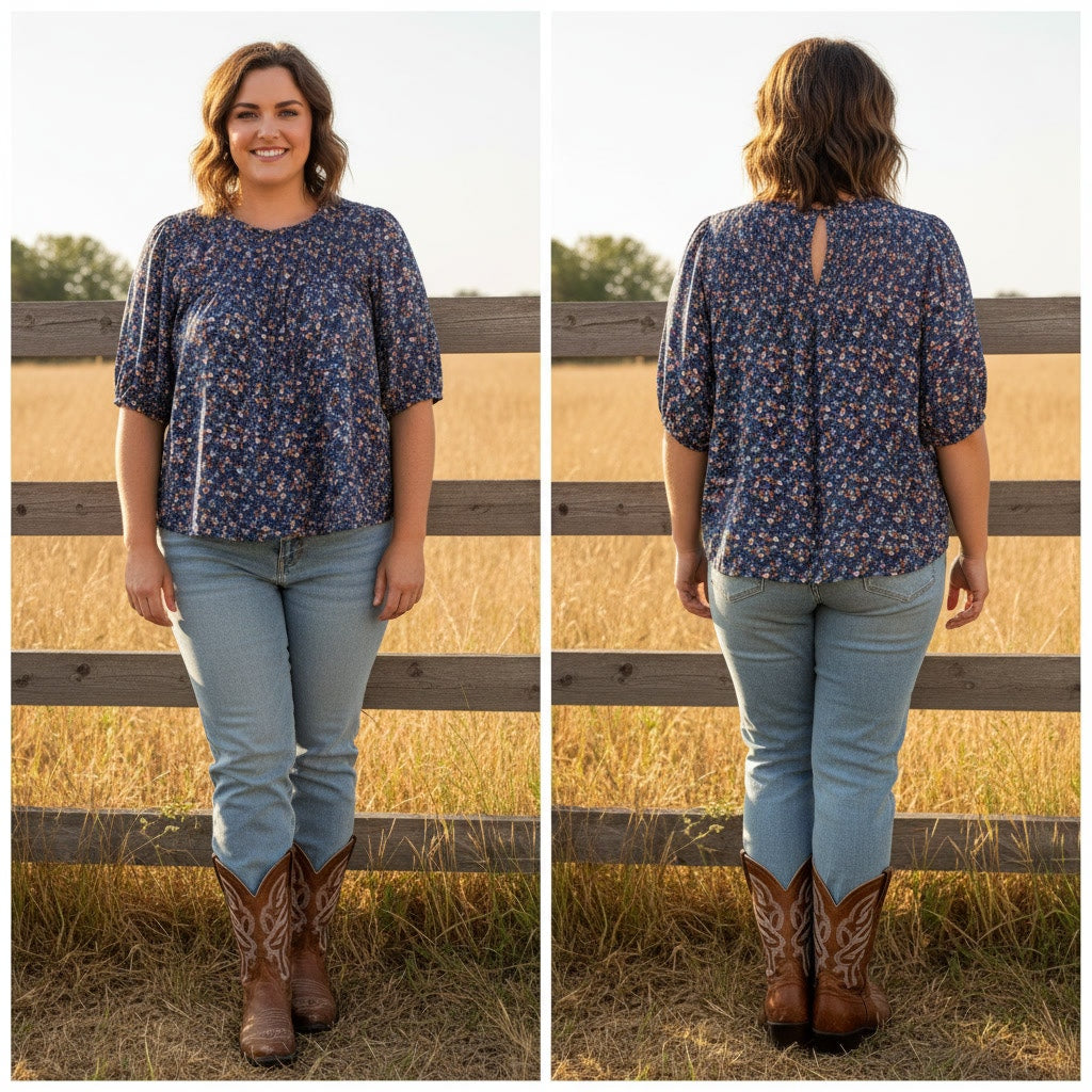 1539 - Knox Rose Smocked Navy with Floral Blouse - XL