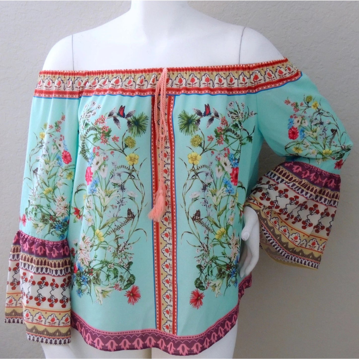 1117 - UMGEE Boho Floral Off Shoulder Blouse Teal Bell Sleeve One Size - 2XL