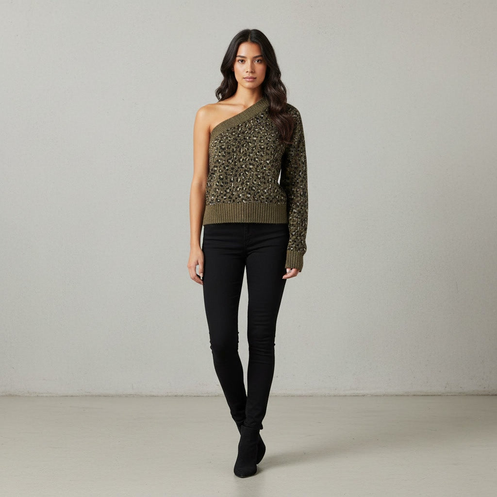 1272 - EASEL One Shoulder Olive Animal Print Light Sweater - Medium