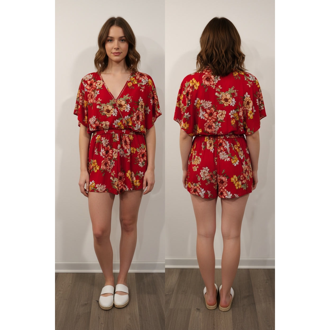 1445 - Umgee Floral Romper - Red - Size Medium - NWOT