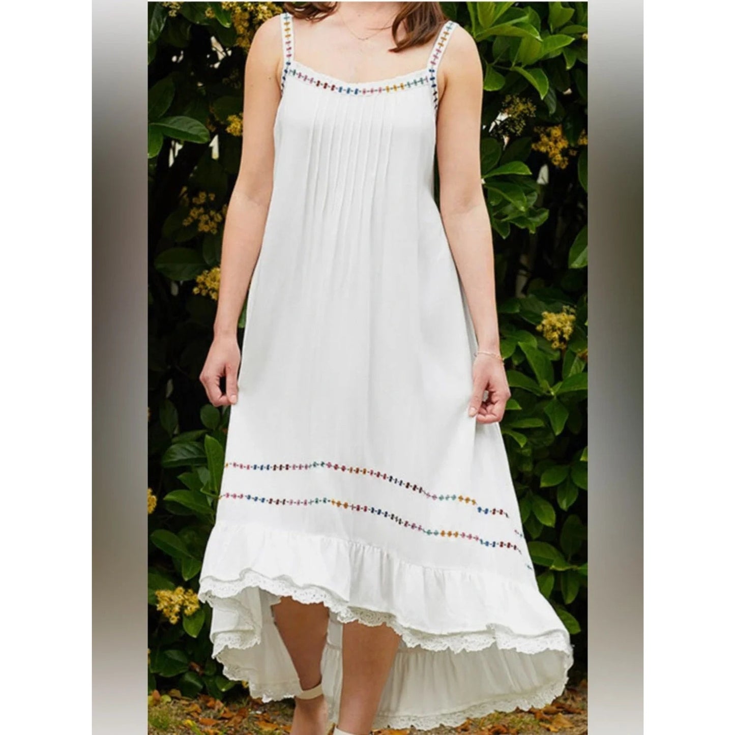 1136- Matilda Jane Boho Maxi Dress White Embroidered Lace Trim - NWT - Medium