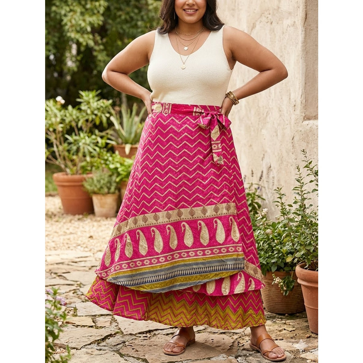 1145 - Jackpot Boho Pink Paisley Chevron Wrap Skirt Maxi One Size - NWT