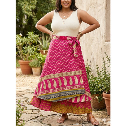 1145 - Jackpot Boho Pink Paisley Chevron Wrap Skirt Maxi One Size - NWT