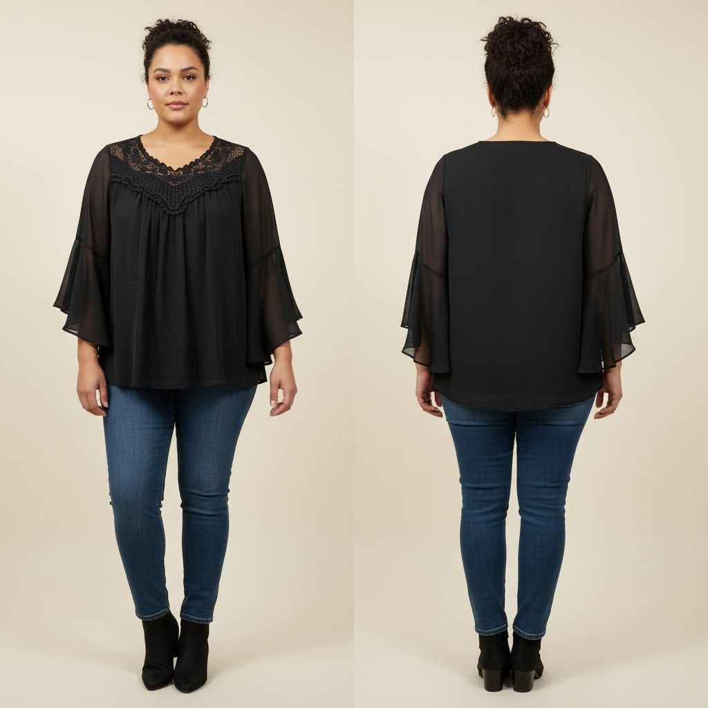 1303 - Alyx Beautiful Black Shear Blouse ith Lace/Crochet and Cami - 1X - NWT