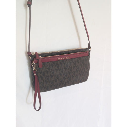 1062 - Michael Kors Monogram Crossbody Bag Burgundy Trim Wristlet