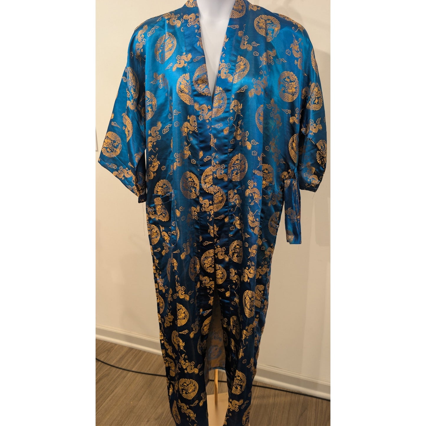 1059 - Blue Gold Satin Kimono Robe Floral Dragon Print One Size - NWOT