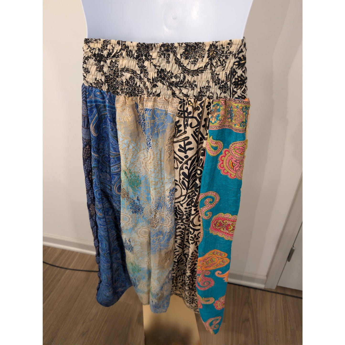 1370 - POL Boho Patchwork Silk Palazzo Pants: Handmade Hippie Trousers