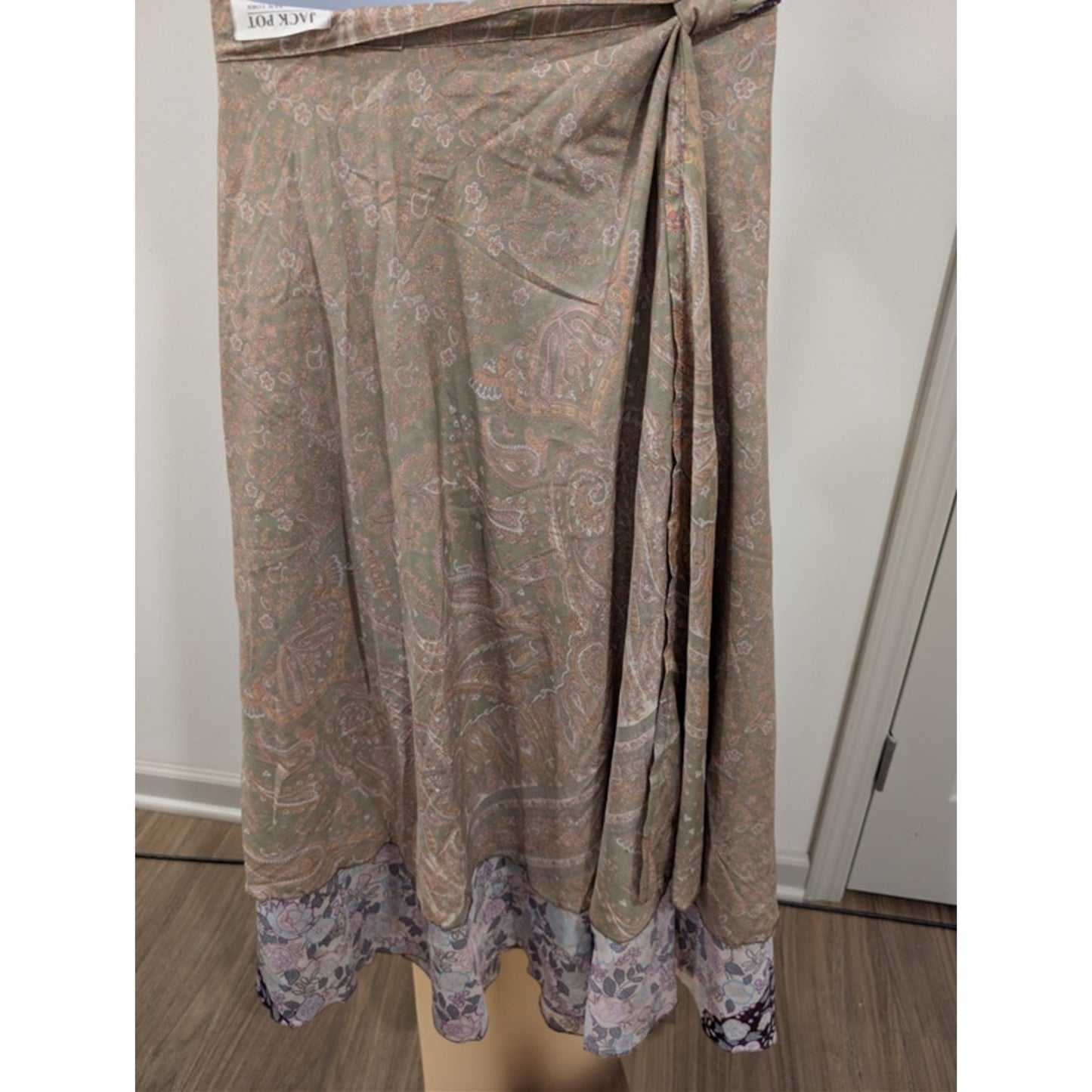 1147-Jackpot Boho Paisley Floral Wrap Maxi Skirt Brown Pink Gray - NWT- One Size