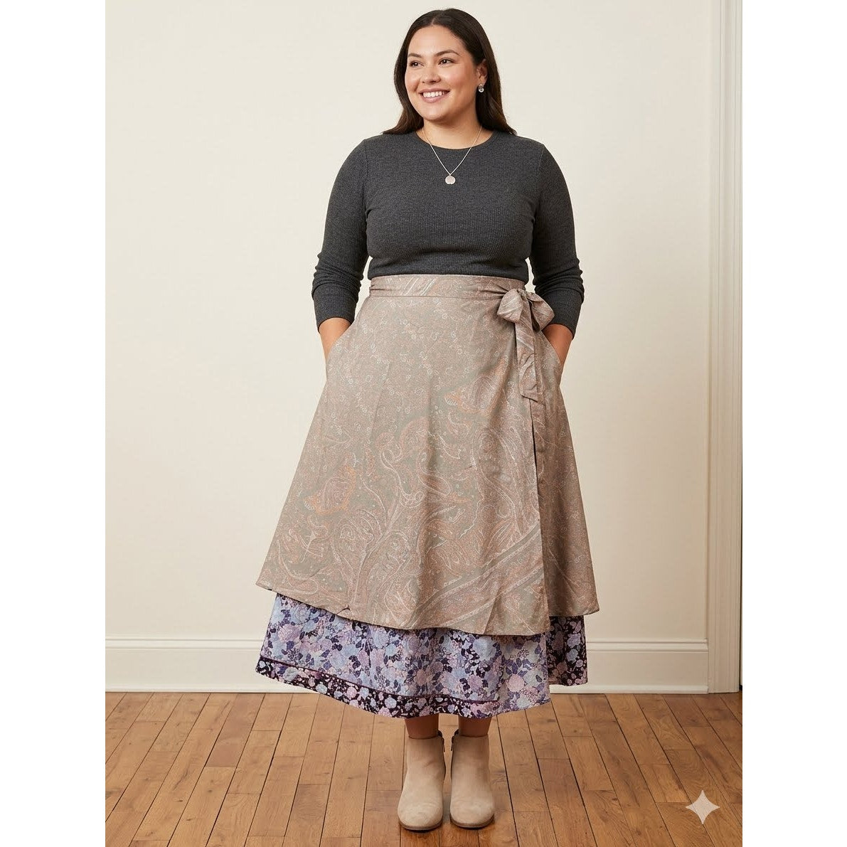 1147-Jackpot Boho Paisley Floral Wrap Maxi Skirt Brown Pink Gray - NWT- One Size