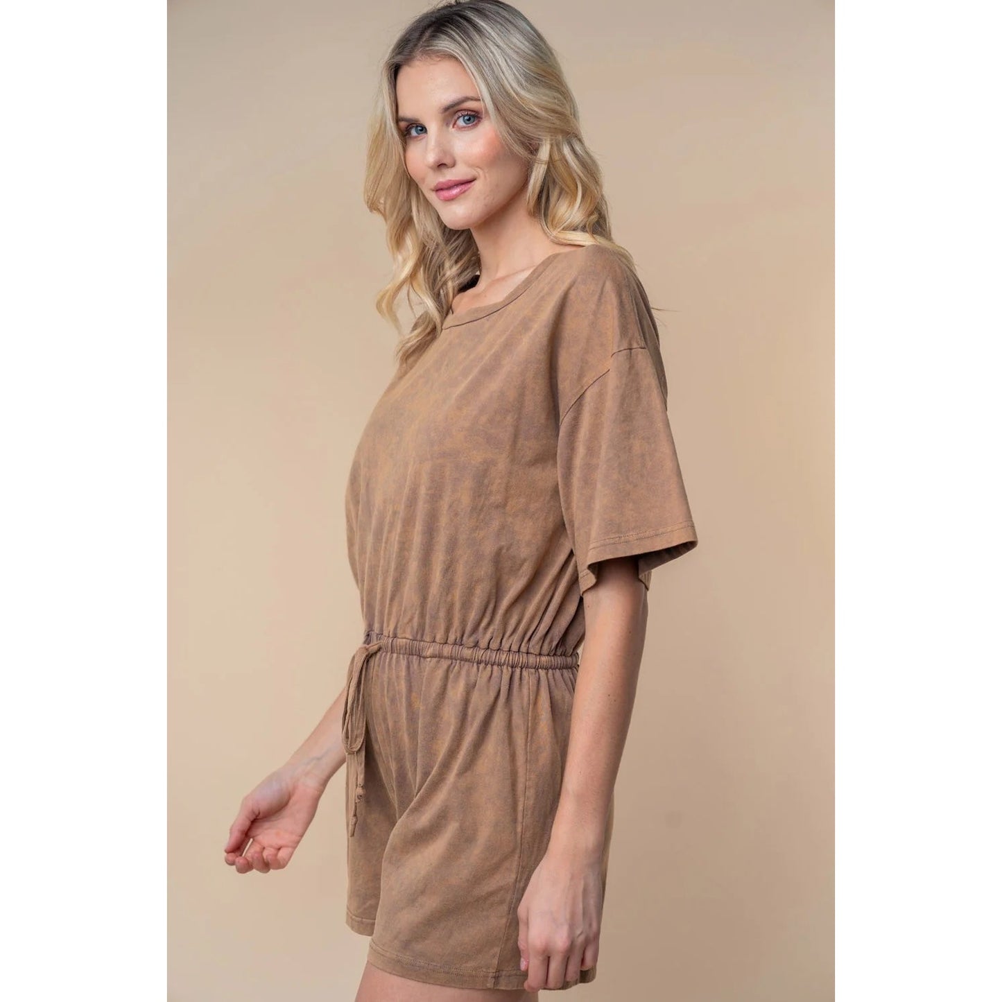 1248-White Birch Full Size Short Sleeve Drawstring Romper-NEWThe Wh