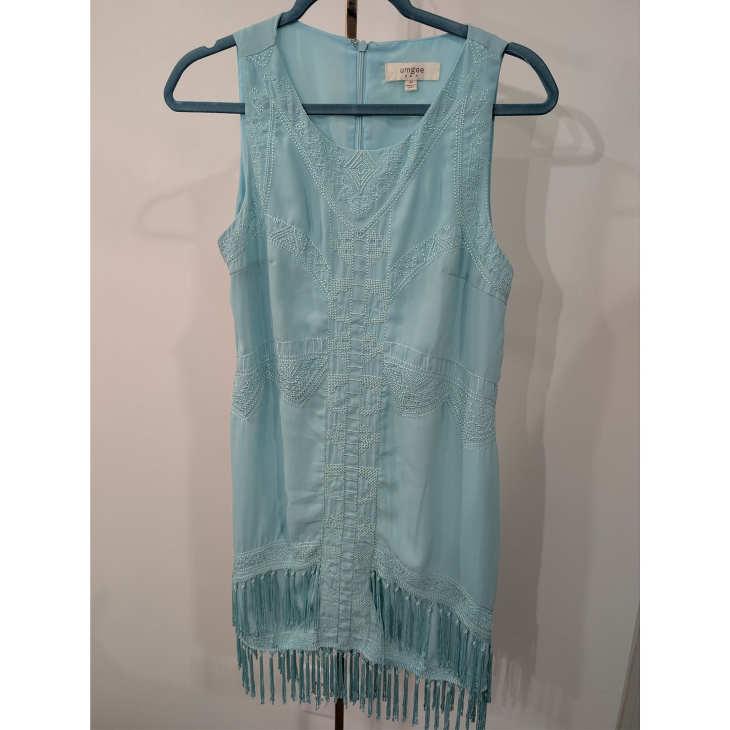 1049 - Umgee Blue Embroidered Fringe Sleeveless Tunic Dress Womens Size M