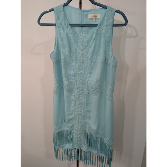 1049 - Umgee Blue Embroidered Fringe Sleeveless Tunic Dress Womens Size M