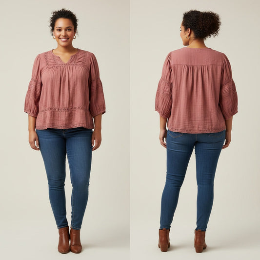 1293 - Knox Rose Ribbed Texture Peasant Blouse - XL