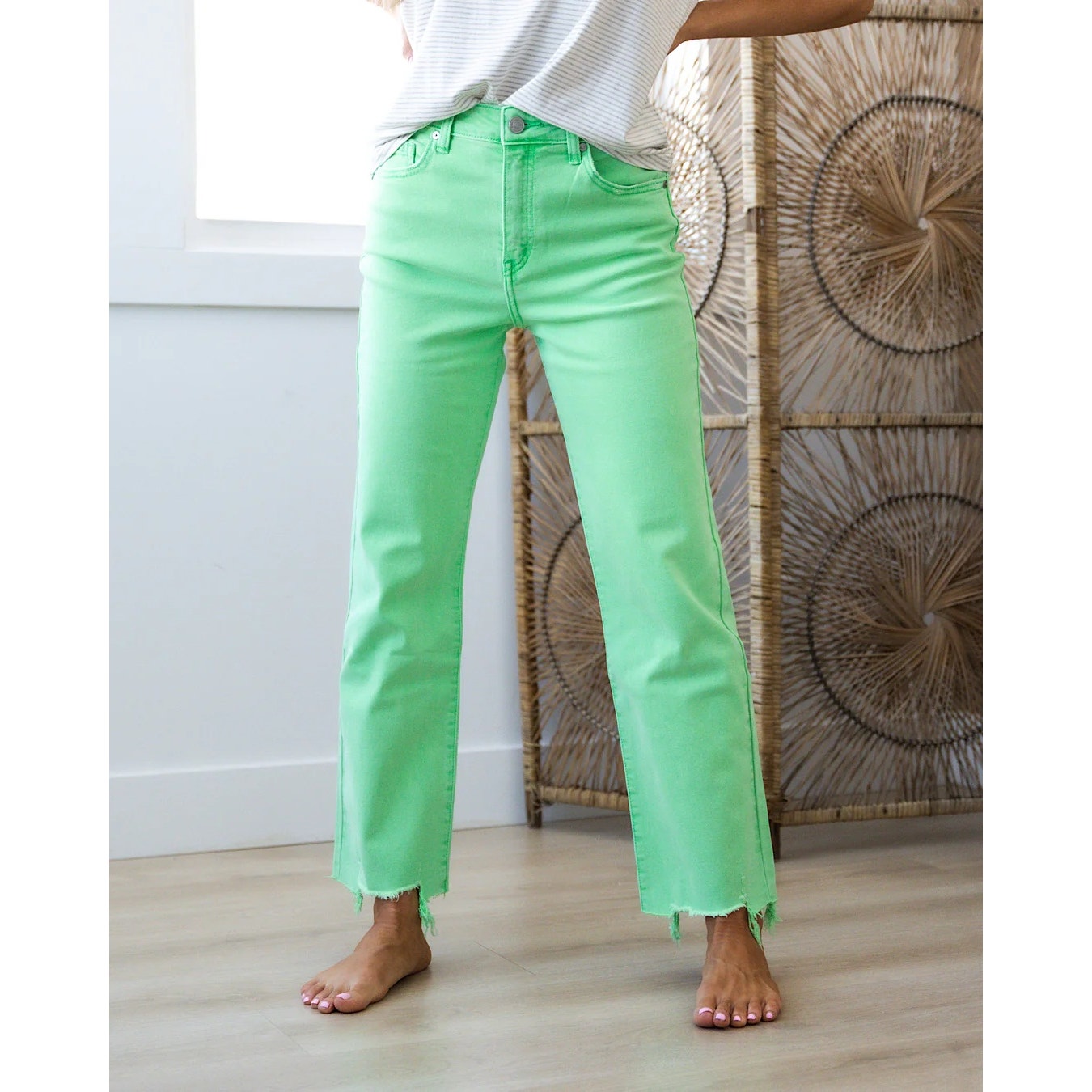 1265 - Kankan jeans - Suzanna Neon Green Chewed Hem Wide Leg