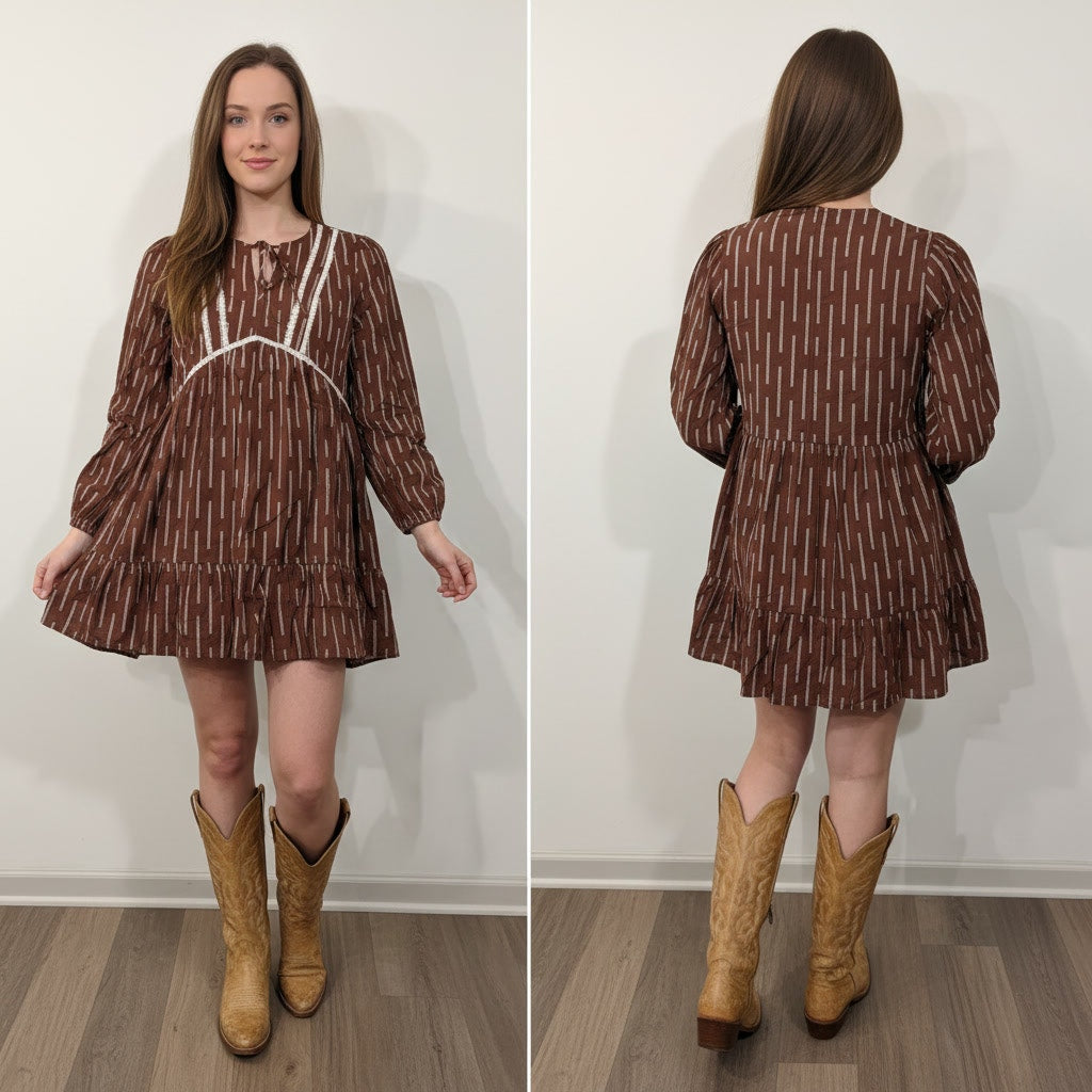 1412 - Day + Moon Brown embroidered dress - Small - NWT
