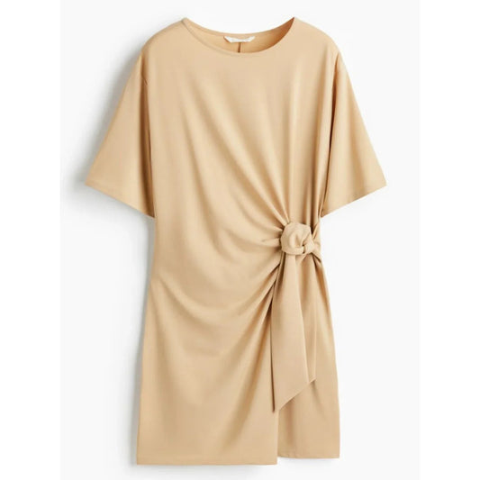 1101 - H&M Beige Knot Front Short Sleeve Dress Minimalist SizeMedium - NWT
