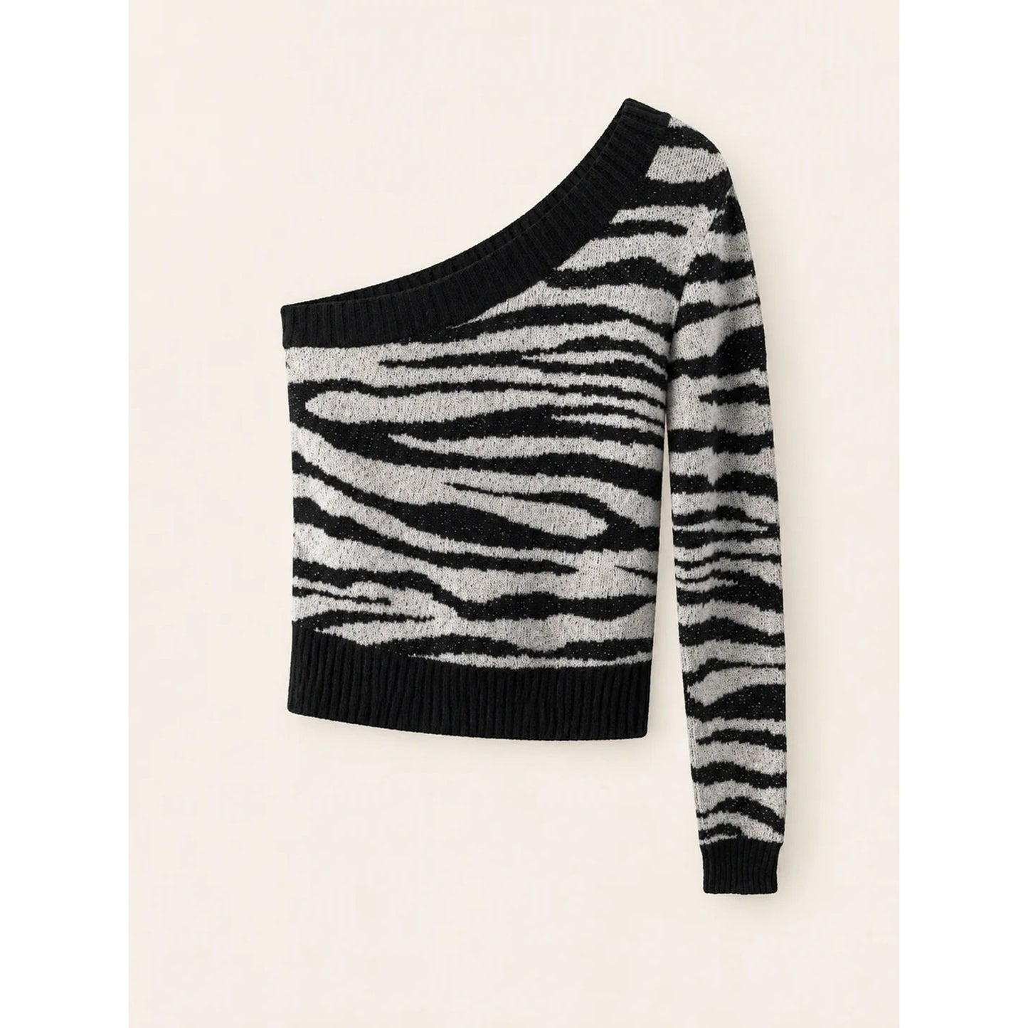 1115 - EASEL Zebra Print One Shoulder Knit Sweater Black White Retro - New - M