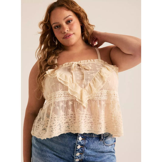1075 - Torrid Boho Lace Mesh Ruffle Cami Cream - NWT -Size 3