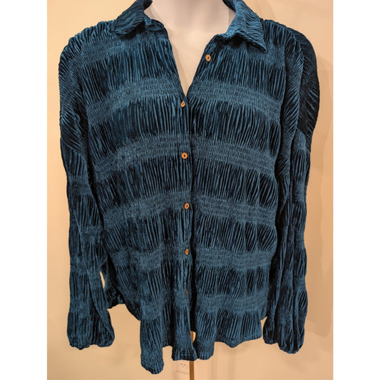 1046 - Umgee Teal Crushed Velvet Button Front Blouse Boho Vintage - NWT