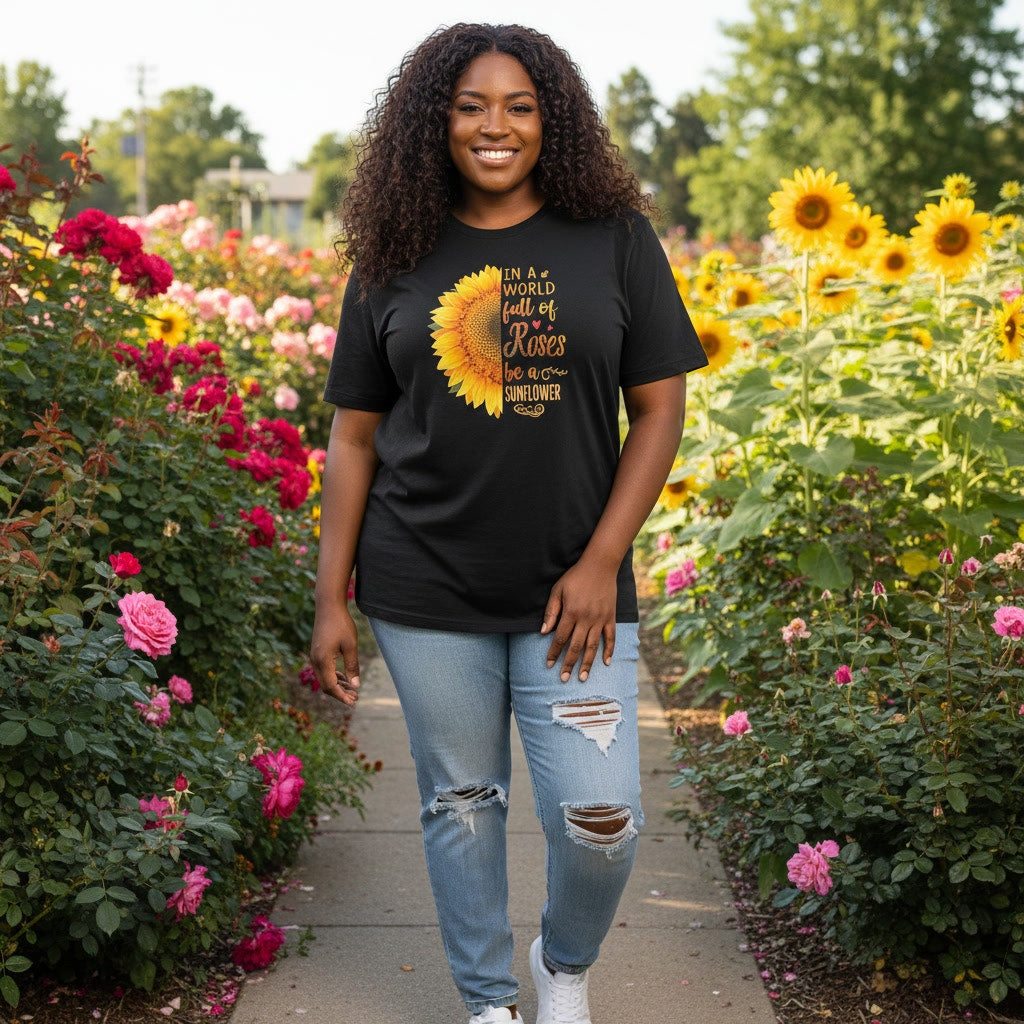1349 - Port & Co Black T-Shirt - 3X - In A World Full of Roses, Be a Sunflower