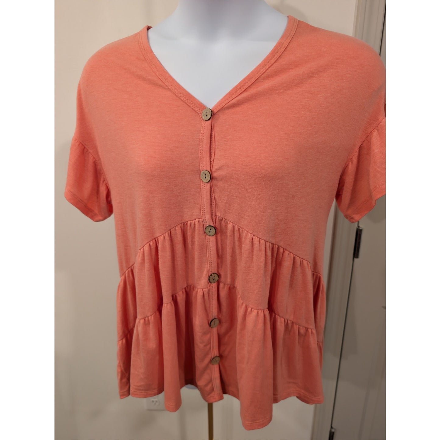 1296 - Emerald Peach Tiered Blouse with wood buttons - Medium