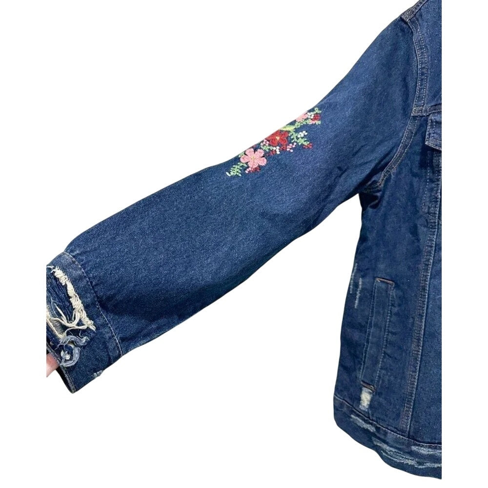 1251-Wax Jean Floral Embroidered Denim Jacket- Medium
